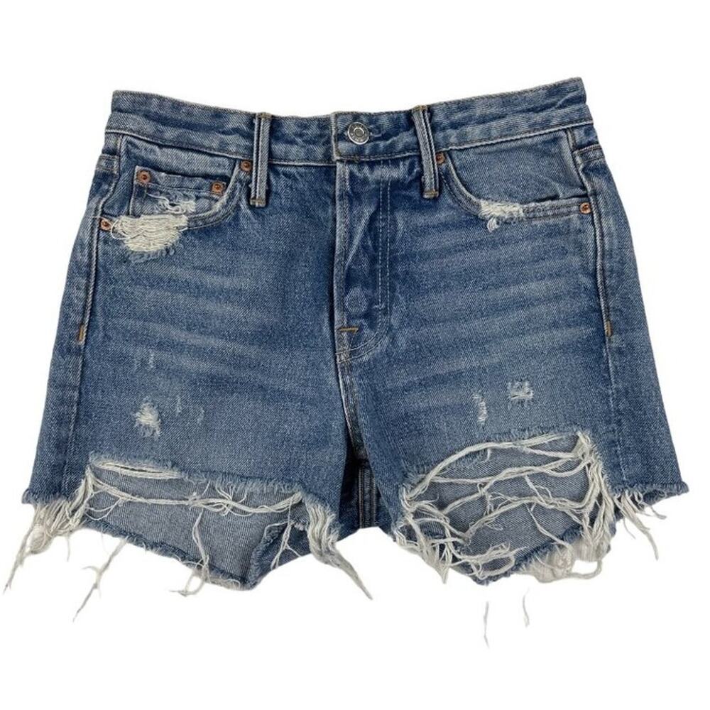 GRLFRND - Helena Distressed Cut Off Denim Shorts in Blue
